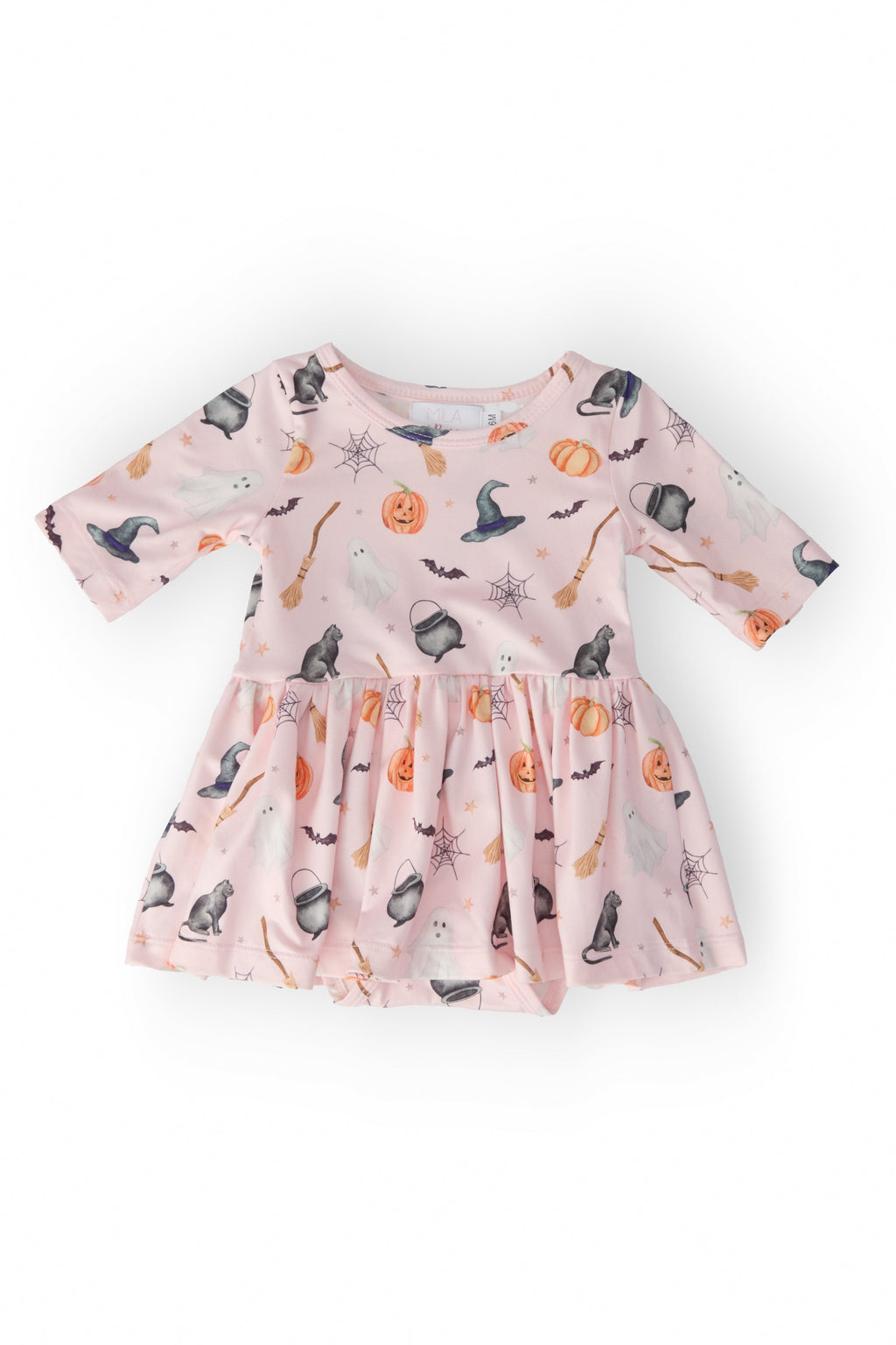 Mila & Rose Hey Boo twirl bodysuit shown flat on white, printed with ghosts, bats, webs and jack-o'-lanterns on a blush pink ground.