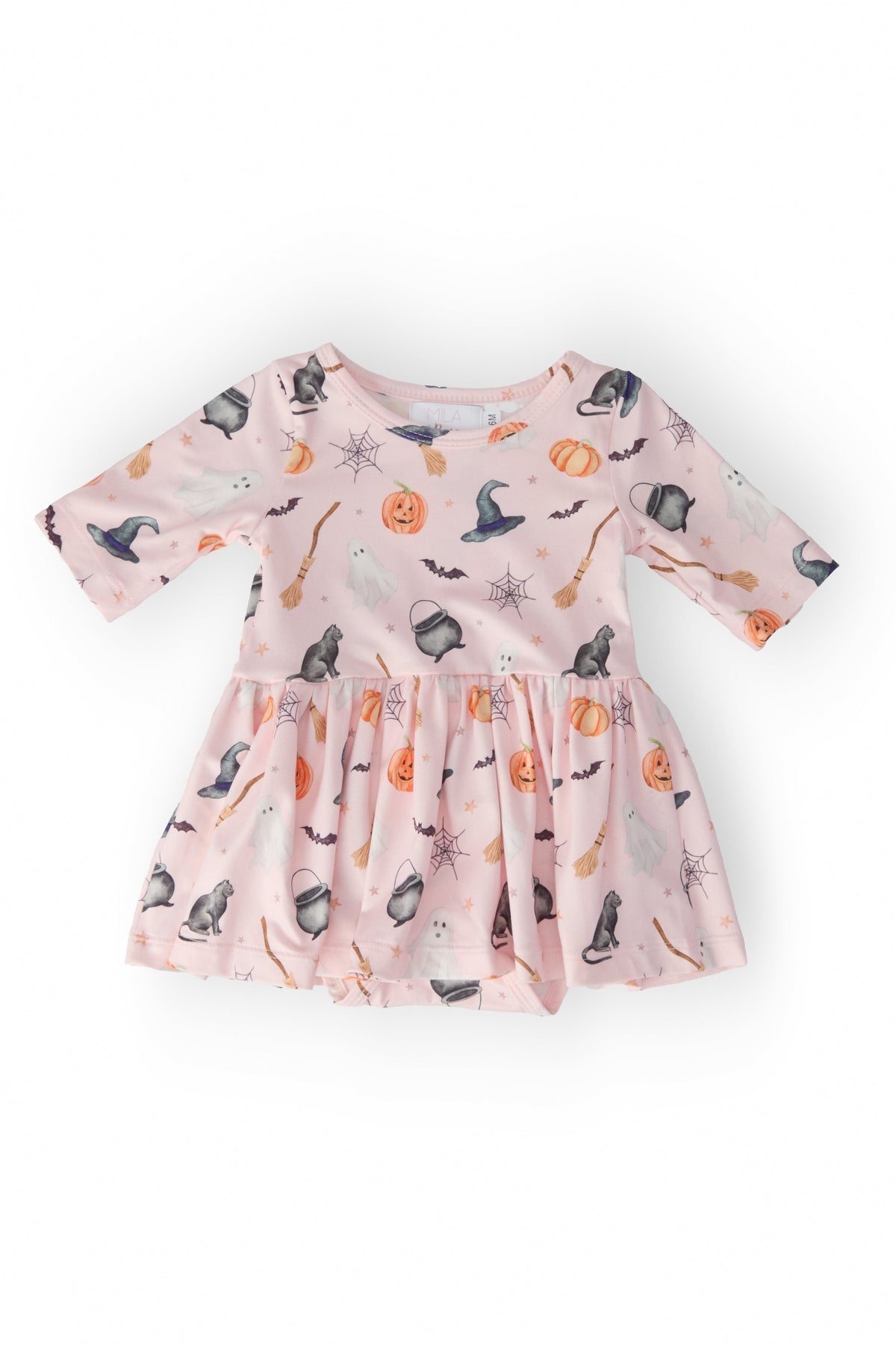 Mila & Rose Hey Boo twirl bodysuit shown flat on white, printed with ghosts, bats, webs and jack-o'-lanterns on a blush pink ground.