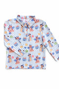 Flat lay of the Mila & Rose Pawsitively Spooky boys' long-sleeve polo, folded to show watercolor puppies in witch hats and bat wings with jack-o'-lantern candy buckets and pumpkins on a light blue stripe.