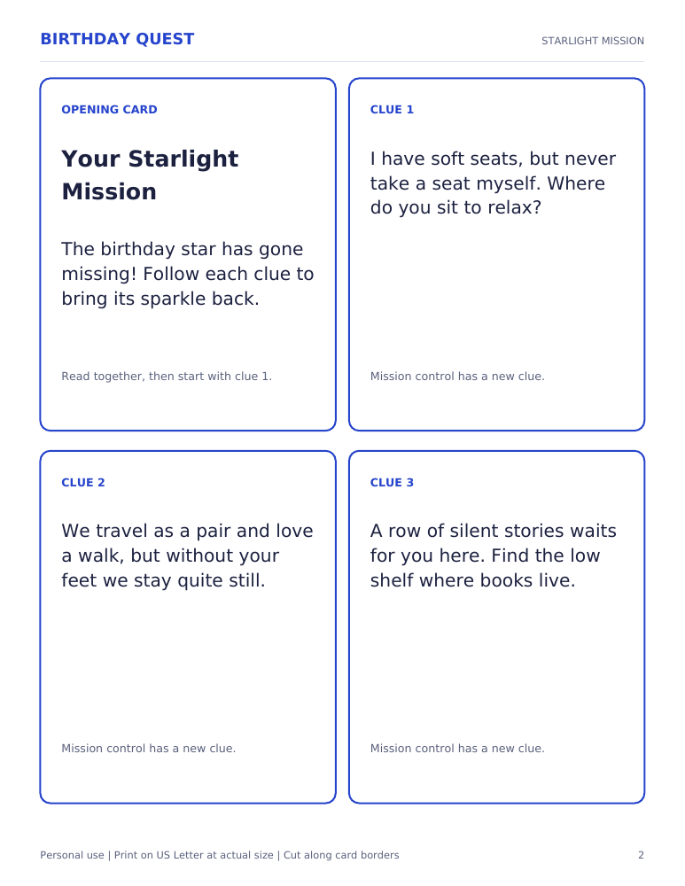 Actual printable sample: Birthday Quest opening card and three clue cards