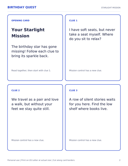 Actual printable sample: Birthday Quest opening card and three clue cards