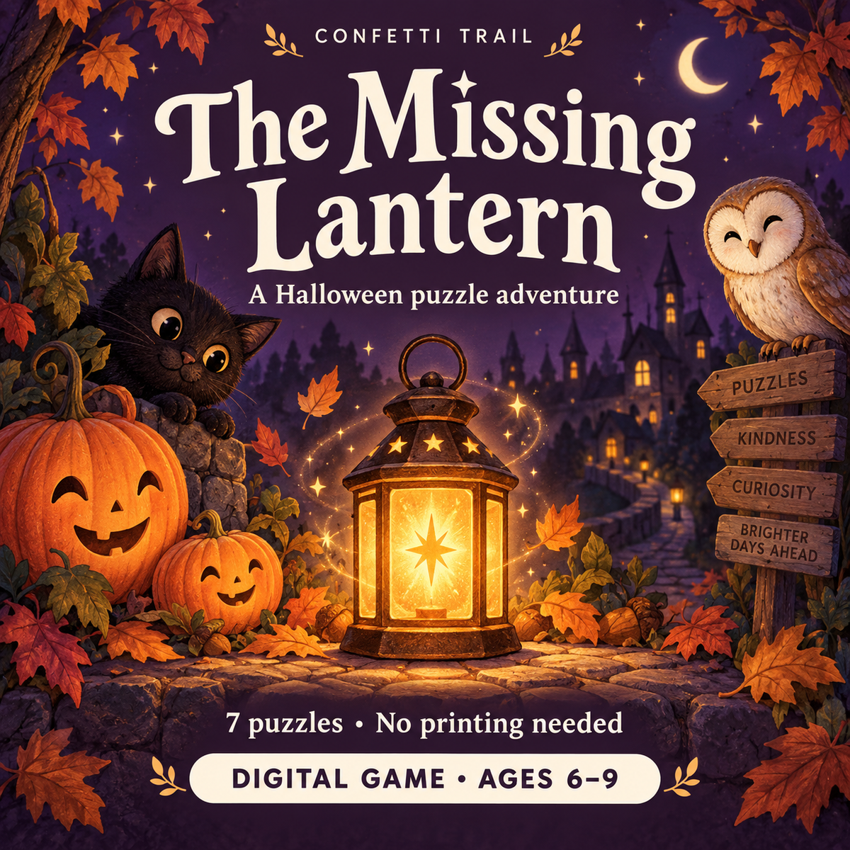 Illustrated cover for The Missing Lantern digital Halloween game, seven puzzles for ages 6–9; no printing needed.